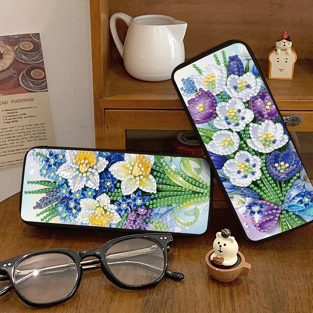 2Pcs 5D DIY Flowers Diamond Painting Glasses Case Kit Diamond Art Glasses Case