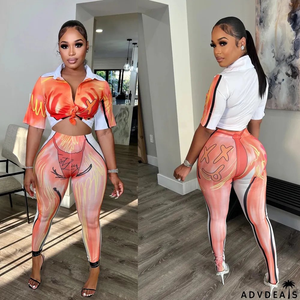 Fashion Two Piece Summer Print Chic Sweet Short Sleeve Pants Set