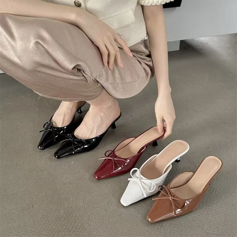Breakj Breakj The Summer Of 2025, The New Bow In The Fine Heel Muller Shoes Half Slippers Women's Large-Size High-Heeled Single-Shoe Sand Slippers