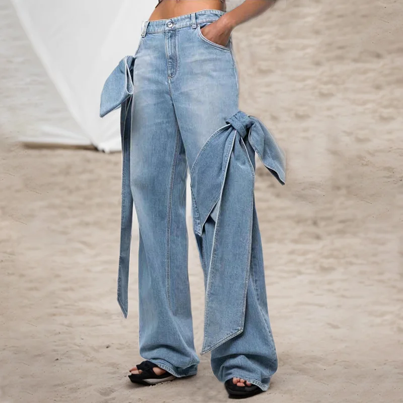 Toloer Toloer 2024 New Wash Do Old Splicing Bow Wide Leg Pants Design Sense High Waist Show Skinny Jeans Woman-Outfit Ideas