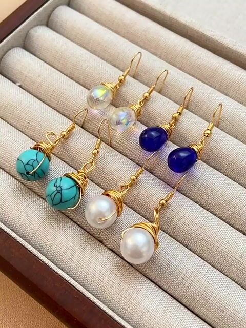 Drop Imitation Turquoise Pearl Gold-Plated Earrings