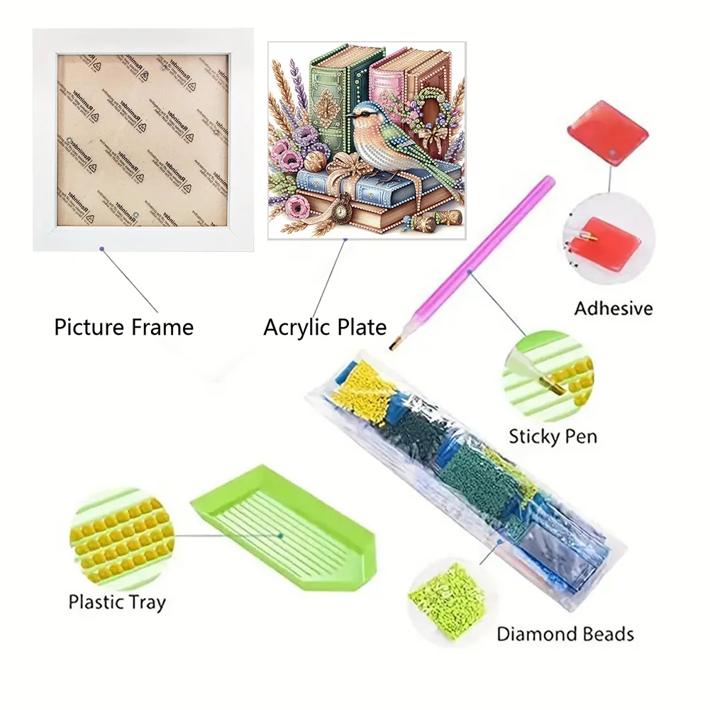 5D DIY Partial Special Shaped Drill Diamond Painting Bird Book Home Kit 19.2x19.2cm【With Frame】