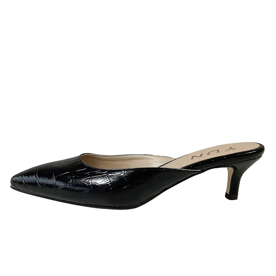 YDN Chic Black Pointed Toe Croc Embossed Kitten Heeled Mules