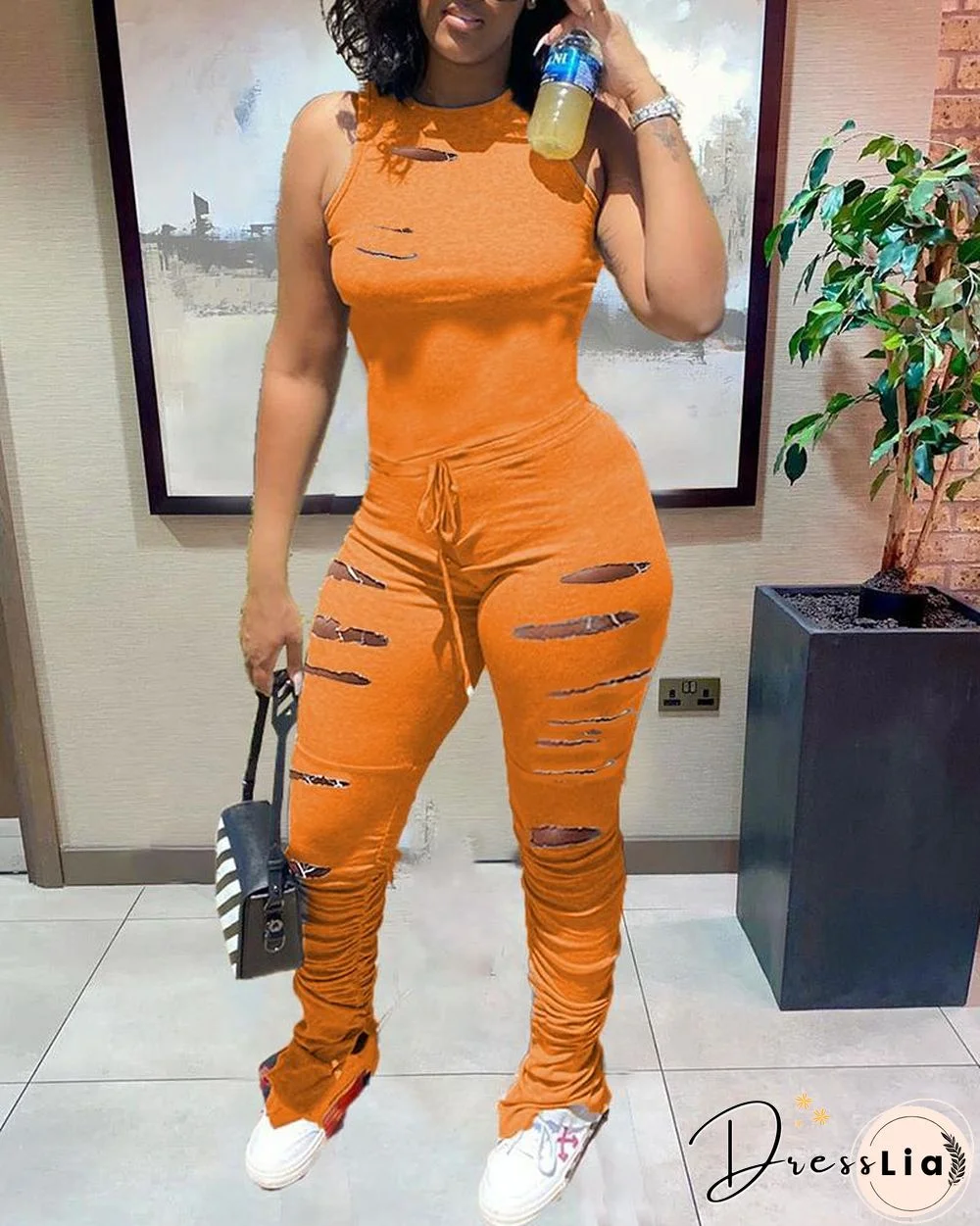 Drawstring Cutout Ruched Skinny Jumpsuit