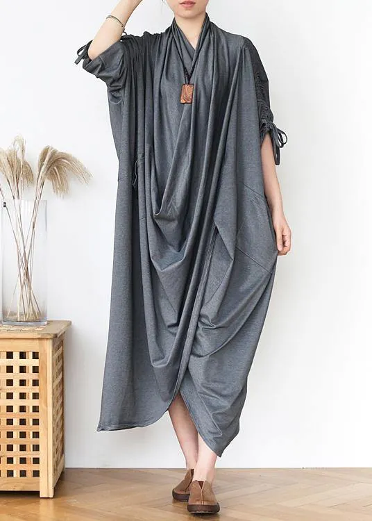 DIY v neck asymmetric cotton clothes Fabrics gray Maxi Dresses