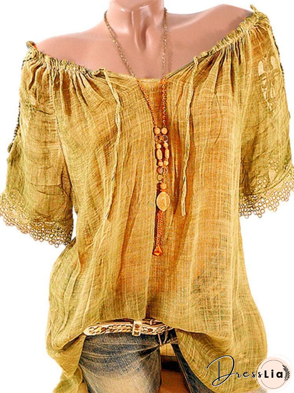 Lace Crochet Short Sleeve Pure Color Women's Shirts