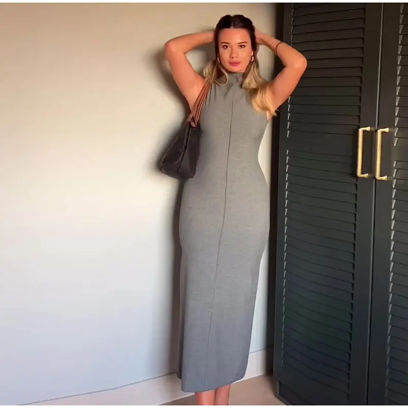 Ootddress Sleeveless Split Patchwork Long Dress Female Straight Solid Slim High Waist Zipper Maxi Dress Autumn 2025 Turtleneck Dress