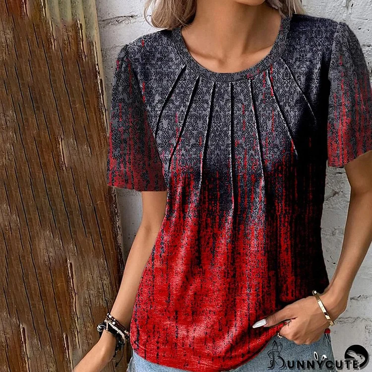 Short Sleeve Red & Blue Ombre Print Pintuck Top