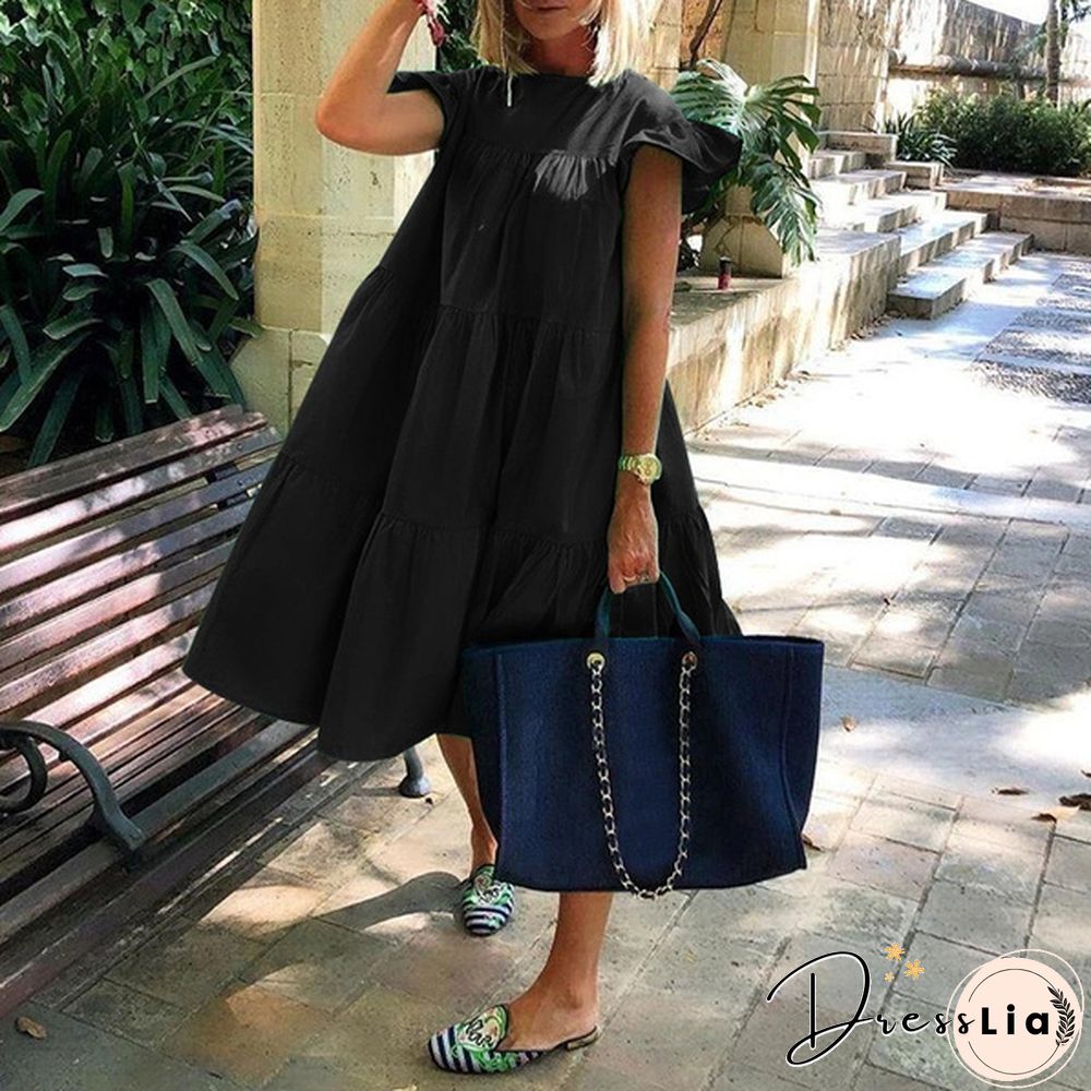 Summer Women Short Sleeves Long Dress Ruffled Pleated Party Casual Baggy Cotton Linen Midi Dresses Plus Size