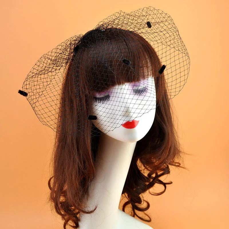 Fascinator Hat Veil Retro Black Polka Dot Brooch Hair Accessories