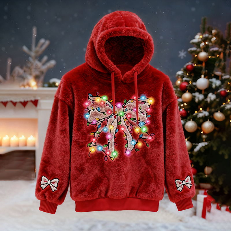 Men's Christmas Lights And Bow Pattern Plush Hoodie elevenforest