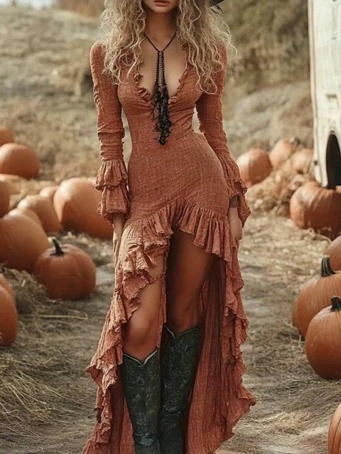 Fashion Brick Red Ruffled Low High Design Patchwork Cotton Dresses Fall Pastoral Style