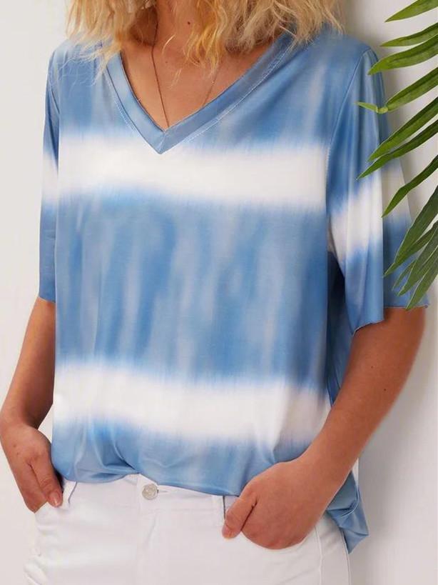 Women Short Sleeve V-neck Colorblock Gradient Top