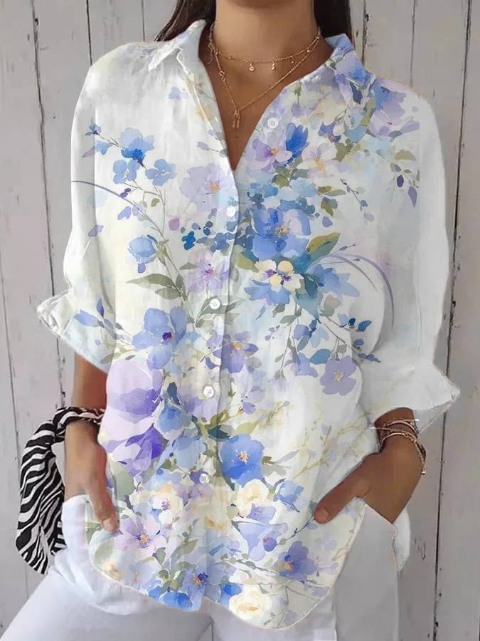 Women's Casual Cotton And Linen Floral Shirt 
