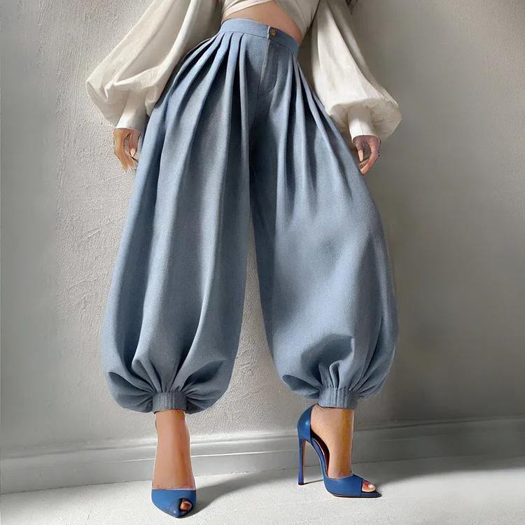 Retro Solid High Rise Pleated Bloomers Pants