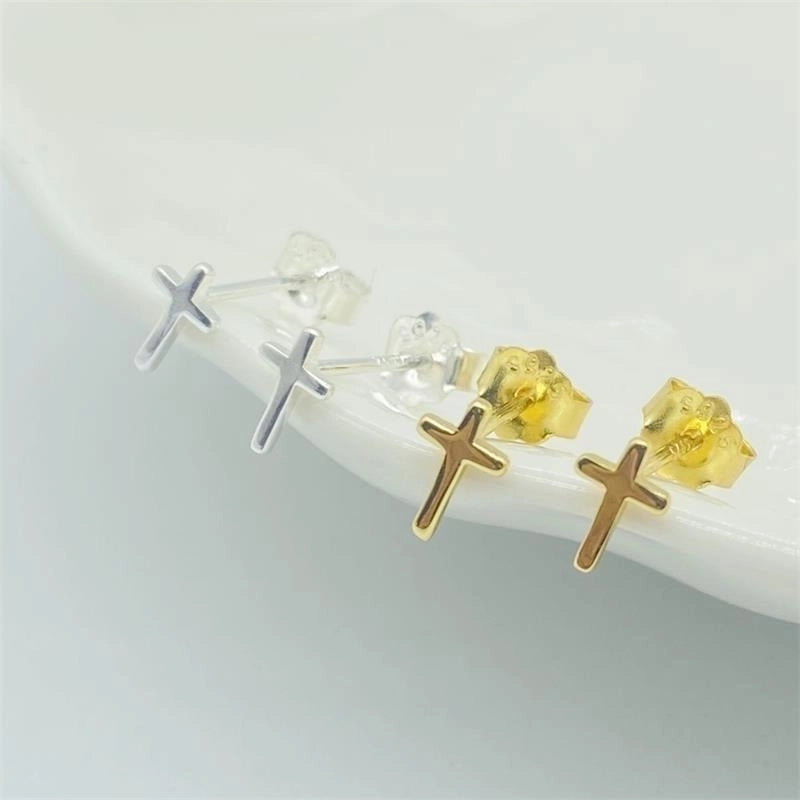 1 Pair 925 Sterling Silver Cross Ear Studs