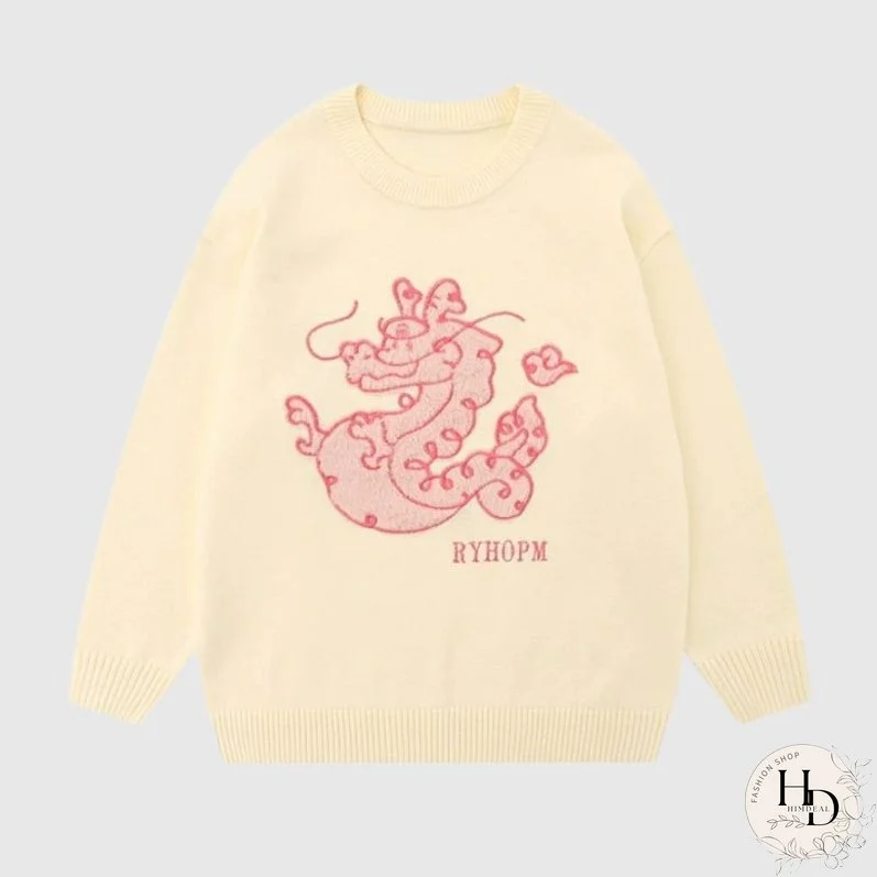 Cartoon Dragon Embroidered Knit Sweater