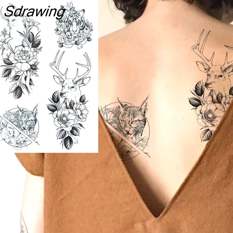 Sdrawing Lion Dahlia Temporary Tattoos For Women Adult Realistic Tiger Wolf Reindeer Snake Bird Fake Tattoo Sticker Washable Tatoos