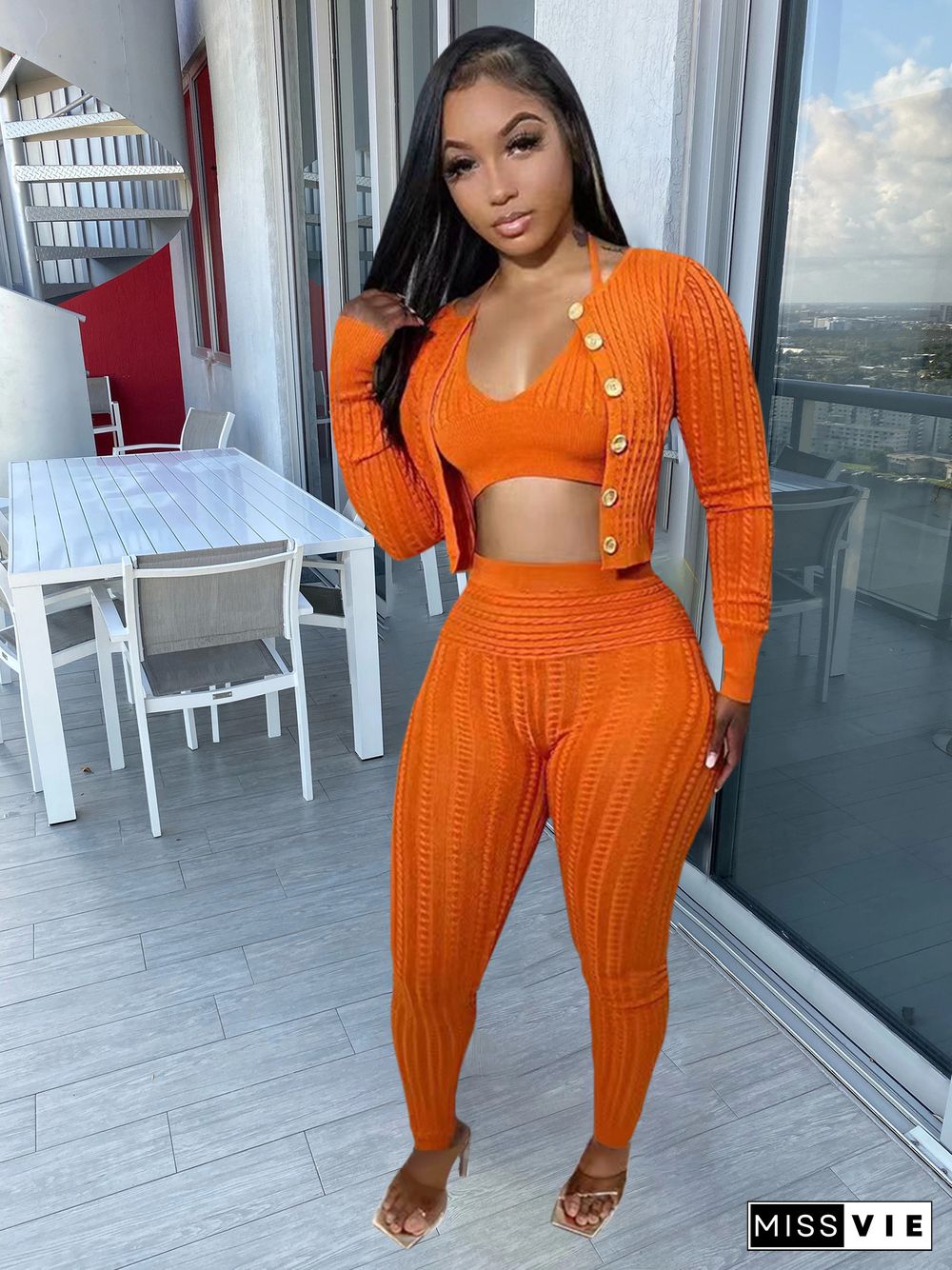 Solid Color Hand Knit Sweater Cardigan Three Piece Set