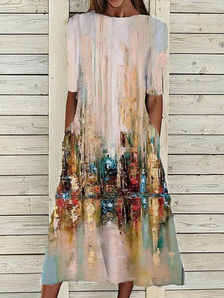 Oil Painting Print Round Neck Short Sleeve Casual Maxi Dress