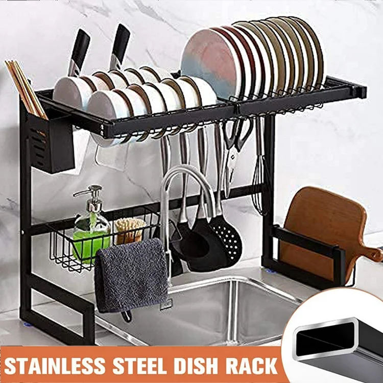 Over The Sink Dish Drying Rack, Width Adjustable (26.8" to 34.6") 2 Tier Dish Rack Drainer for Kitchen Counter Organization and Storage, Utensil Sponge Holder Sink Caddy Dryer Rack Black