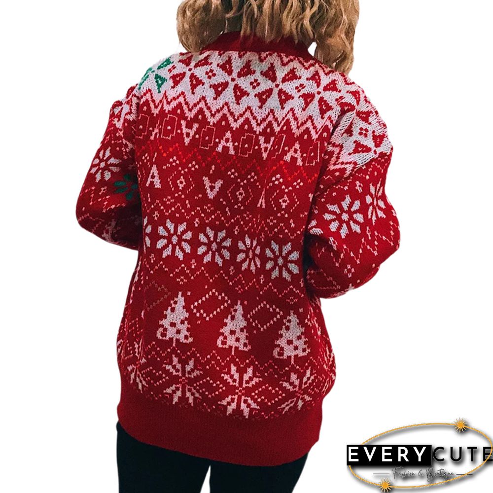 Red Round Neck Vintage Snowflake Christmas Sweater