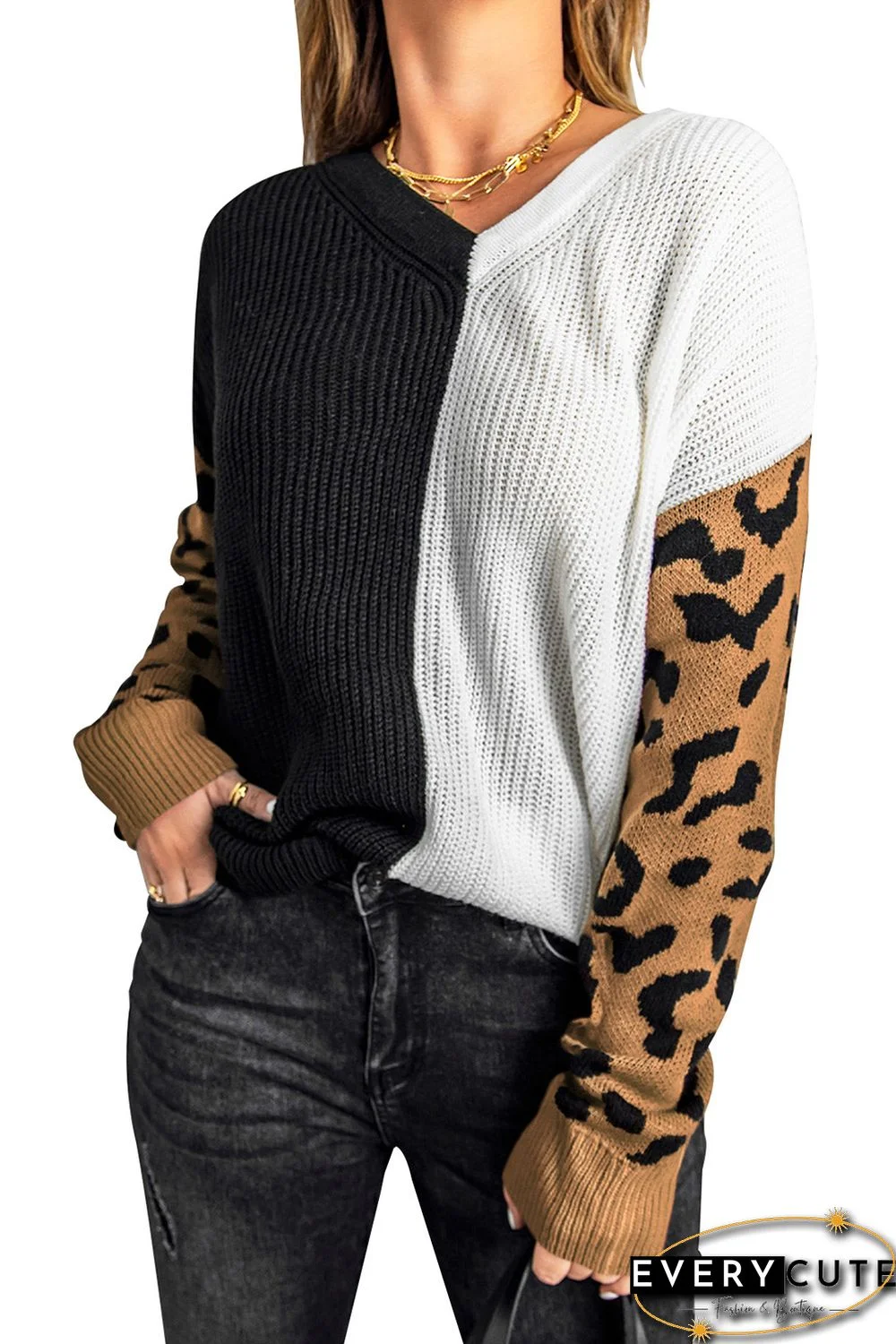 Leopard Print Contrast Color V Neck Sweater