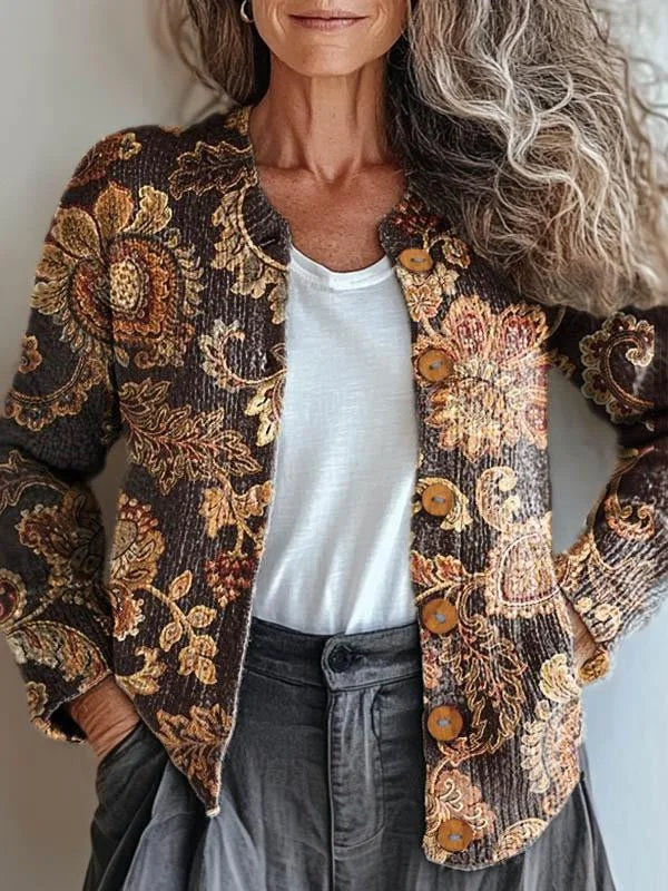 Women's Vintage Lovely Floral Art Print Buttoned Cardigan Sweater