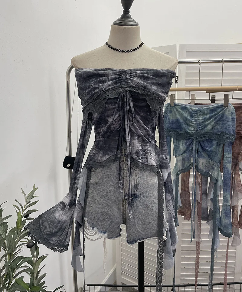 Churchf Small-Sized Old-Fashioned Green Shoulder Horn Sleeve Blouse Dye Net Yarn Lace Draw Rope Short T-Shirt 8010