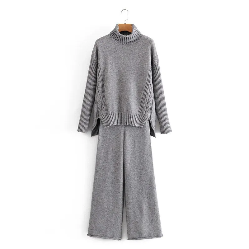 Autumn and winter women's suit casual solid color high neck long sleeve loose sweater + knitted wide leg pants suit