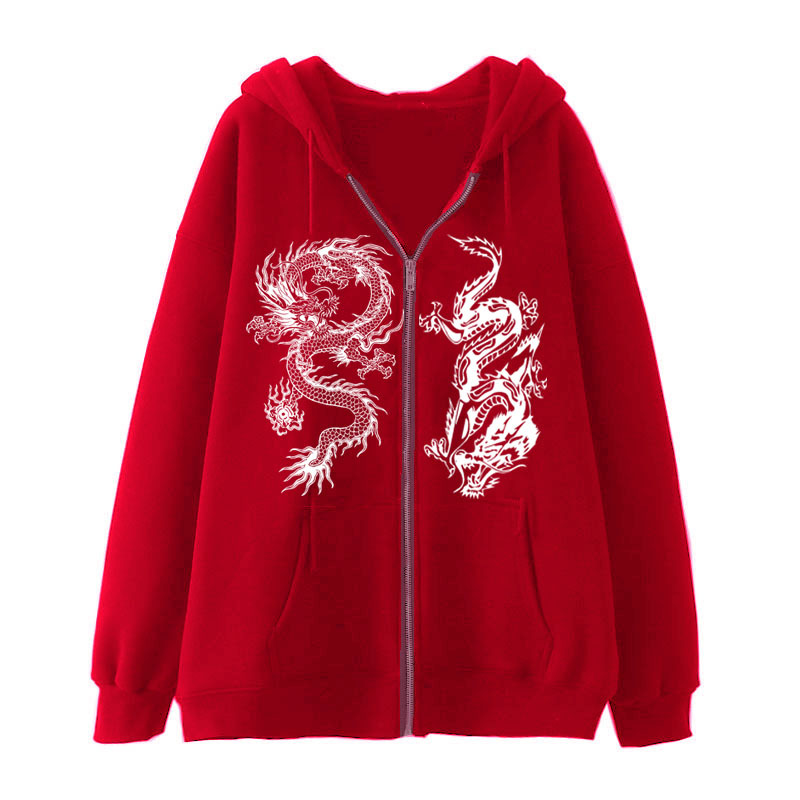 Unisex Dragon Print Zipper Sweatshirt European And American Street Trend Hoodie Trendy Loose Fleece Jacket / TECHWEAR CLUB / Techwear