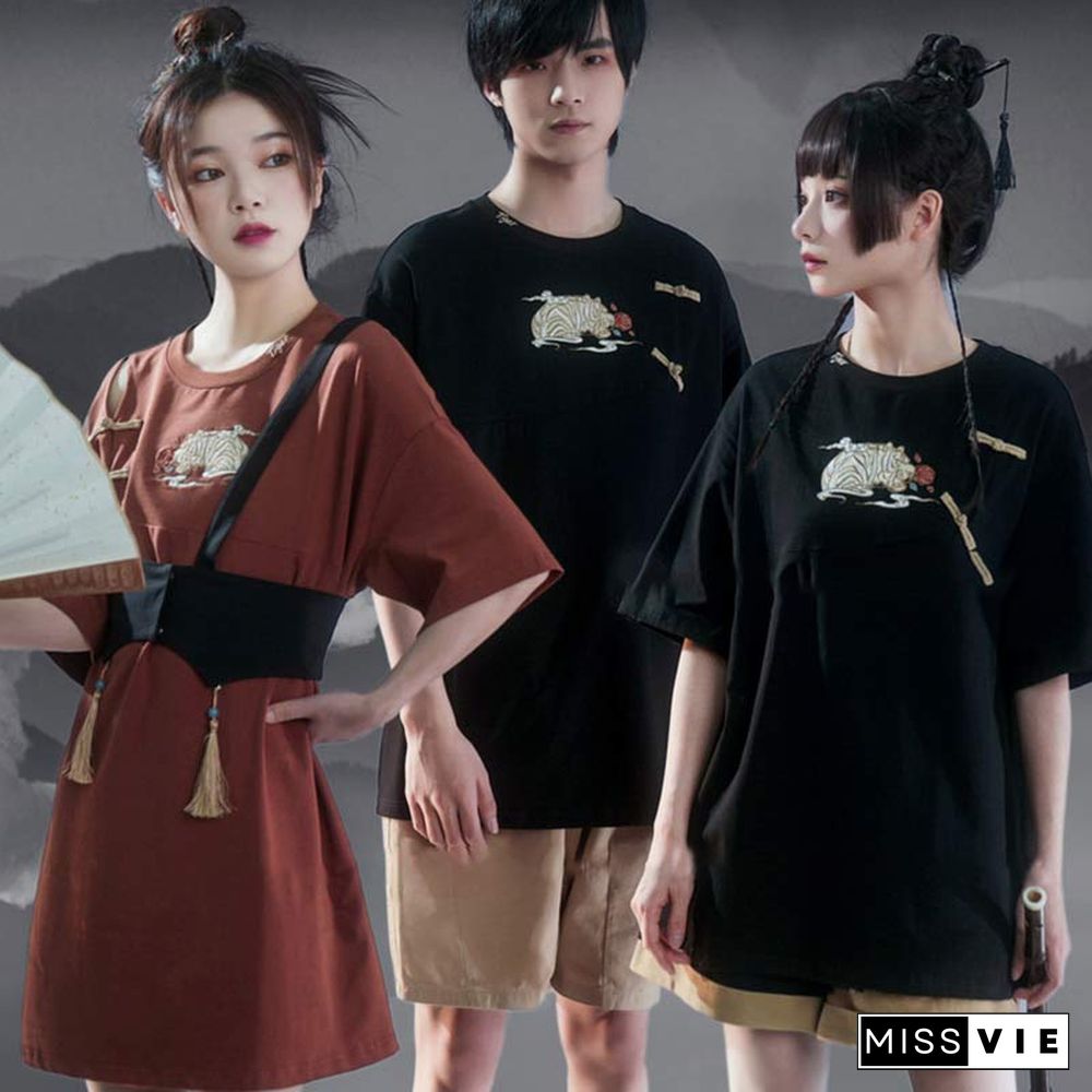 Vintage Embroidery Buckle Tasesel Vest Loose T-Shirt Dress