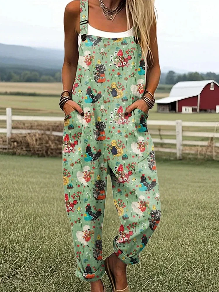 Women's Vintage Funny Animal Farm Chicken Flower Art Print Casual Wide Leg Jumpsuit