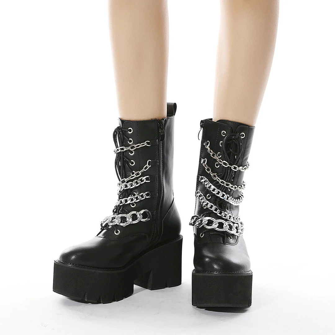 Letclo™ Trendy Street Metal Embellished High-heeled Platform Front Lace-up Side Zipper Round-toe Punk Short Boots letclo Letclo