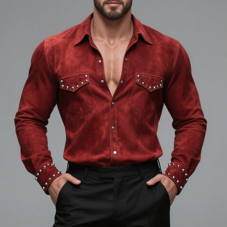 Okaywear Suede Studded Flap Pocket Button Long Sleeve Shirt 