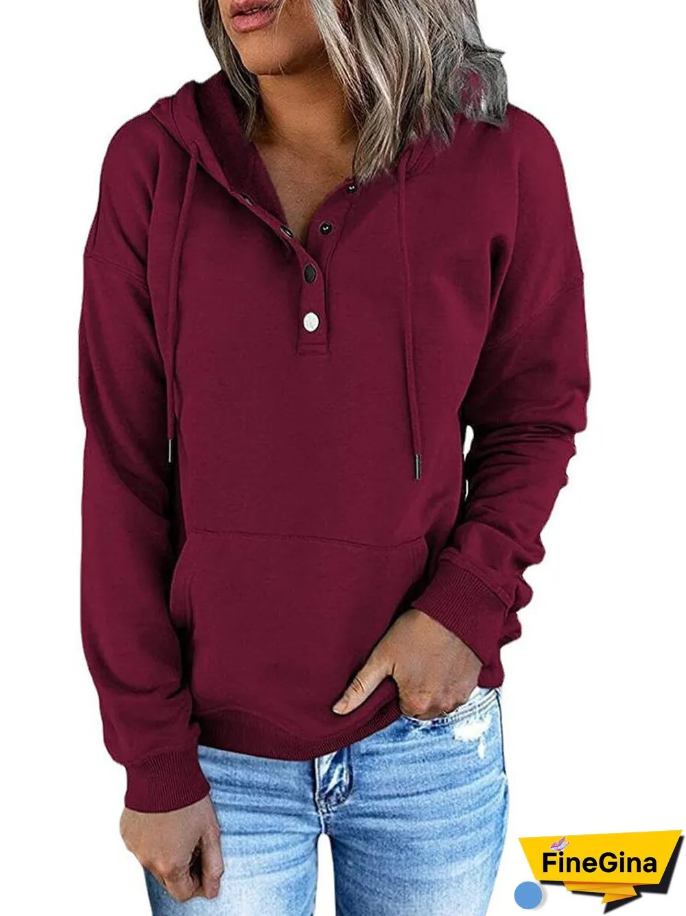 Women's Button Solid Color V-neck Long Sleeve Top