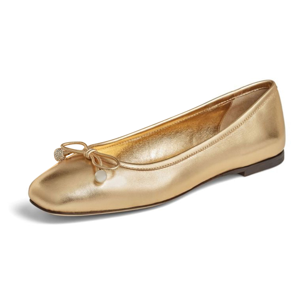 Gold Pearl Rhinestone Bowknot Square Toe Slip-On Ballet Flats Nicepairs