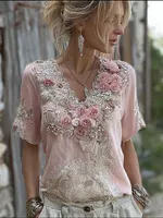 Vintage Pink Boho Floral Embroidered Flowy Linen T Shirt