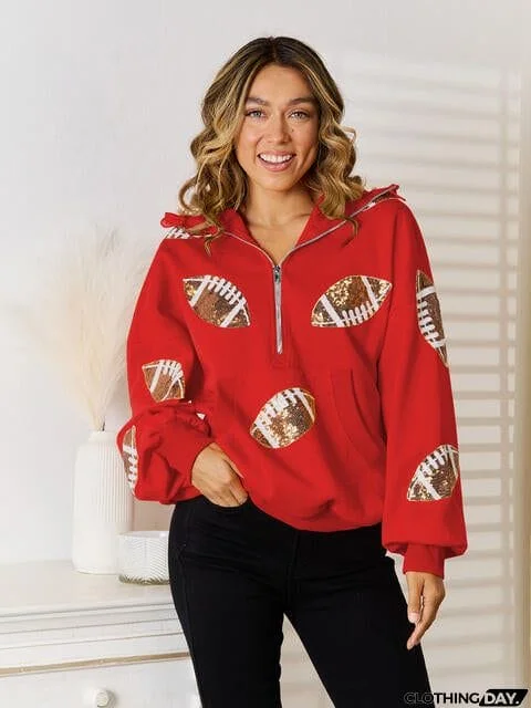 Sequin Football Patch Hal-Zip Hoodie