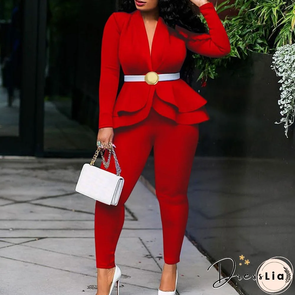 Women's Formal Work Blazer Jacket Pants Business Office Outfits Suit Set Ruffle Solid Color