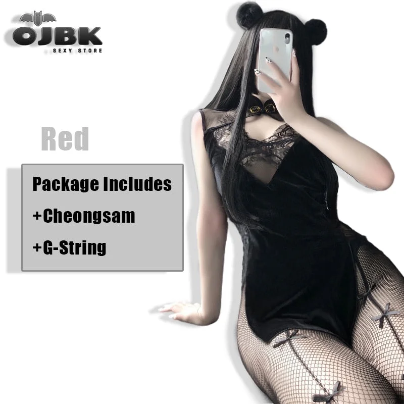 Sexy Cosplay Chinese Traditional Dress for Women Gothic Punk Mini Devil Black Red Cheongsams Party Fashion Solid Color Satin V