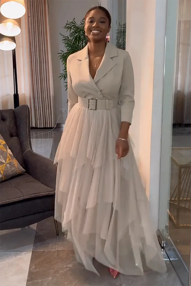 V Neck Long Sleeve Tulle Hem Skirt Formal Maxi Dresses