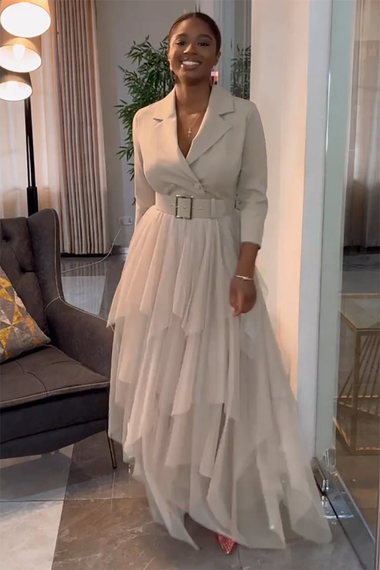 V Neck Long Sleeve Tulle Hem Skirt Formal Maxi Dresses