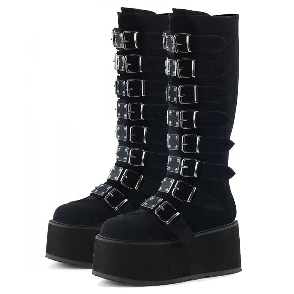 BONJOMARISA Plus Size 50 Brand Luxury Design Platform Thick Heel Mid Calf Boots Women Punk Cool Gothic Black Buckle Shoes Woman