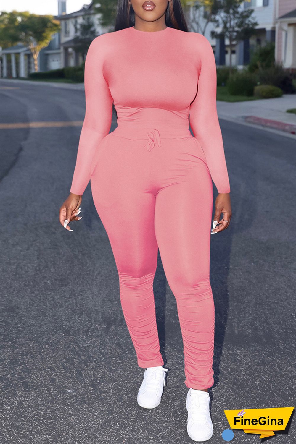 Yellow Casual Solid Basic O Neck Long Sleeve Two Pieces