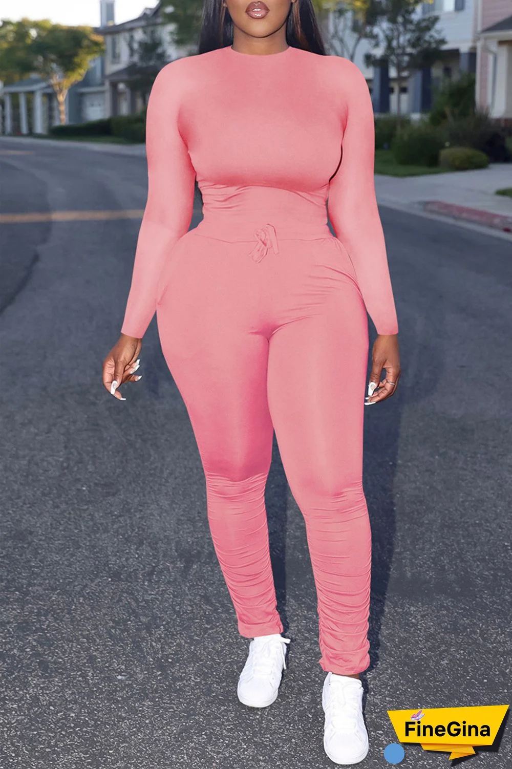 Yellow Casual Solid Basic O Neck Long Sleeve Two Pieces