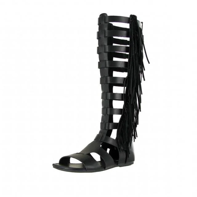 Vintage Black Fringe Strappy Gladiator Sandals Vdcoo