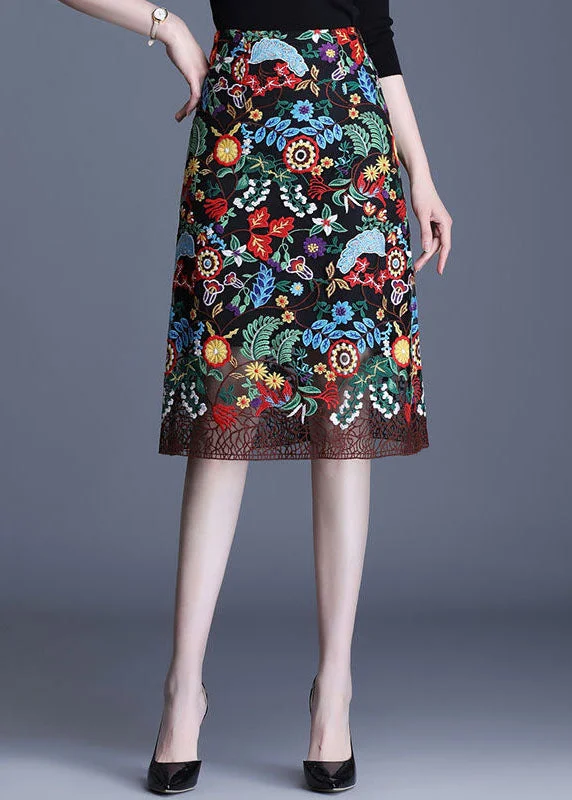 French Black Floral Embroideried Patchwork Lace Skirts Spring