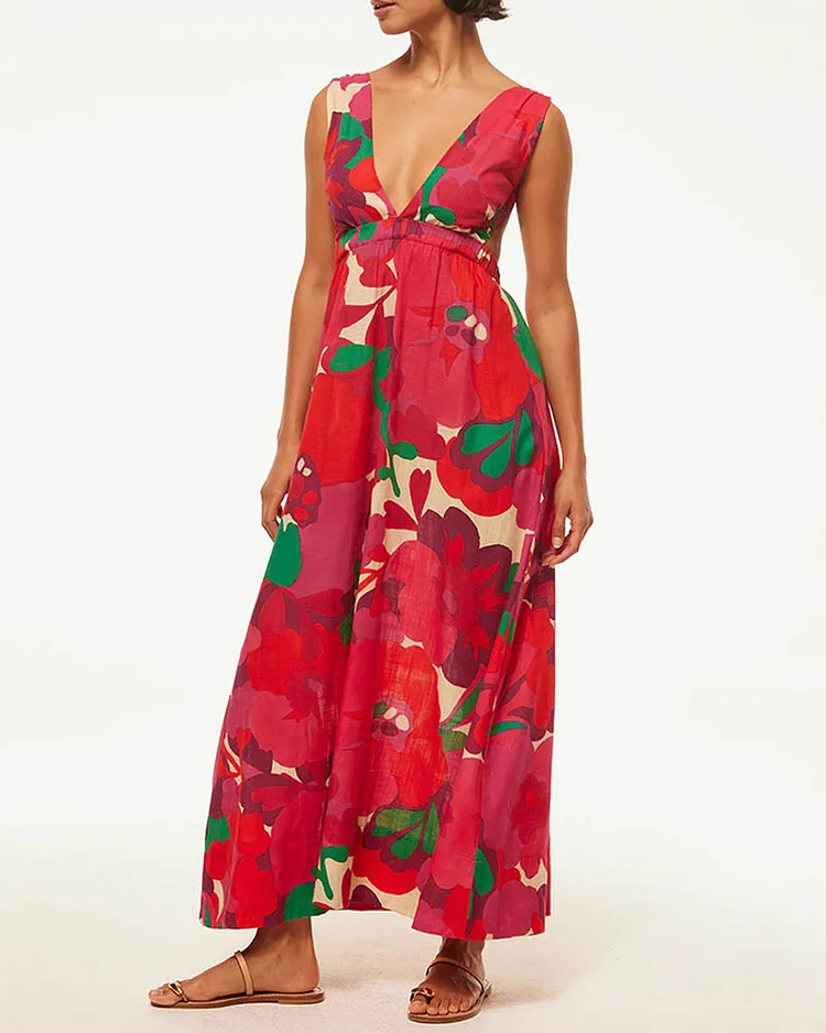 Women's Fashion Floral Print Deep V Sleeveless Dress