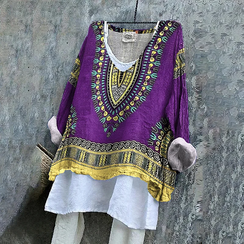 African Ethnic Print V-neck Linen Blend T-shirt